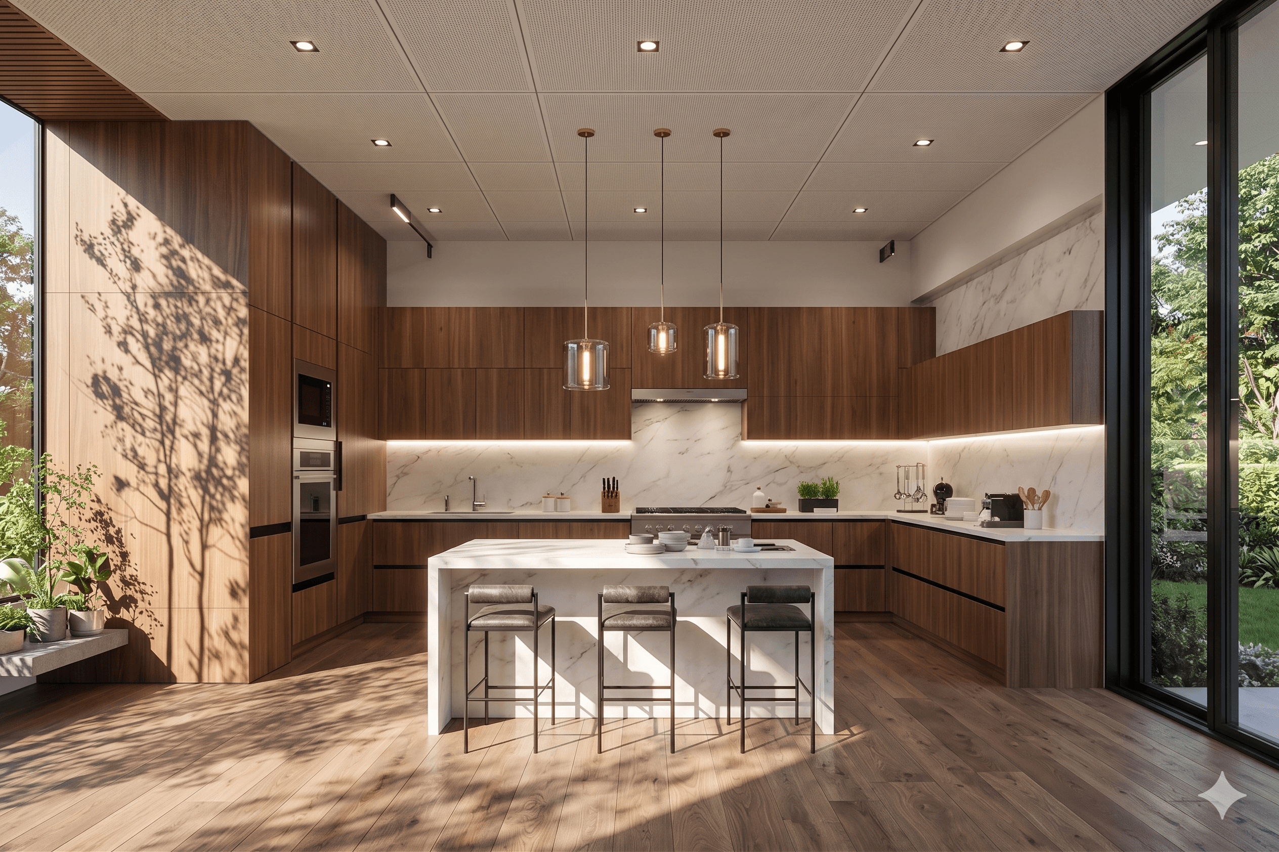 Bright modern kitchen with walnut cabinetry, marble island, and pendant lighting