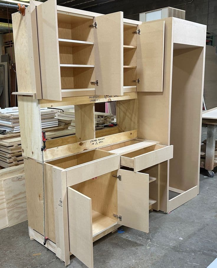 A bespoke cabinet under construction in the workshop, raw plywood with hand-pencilled measurements and labels