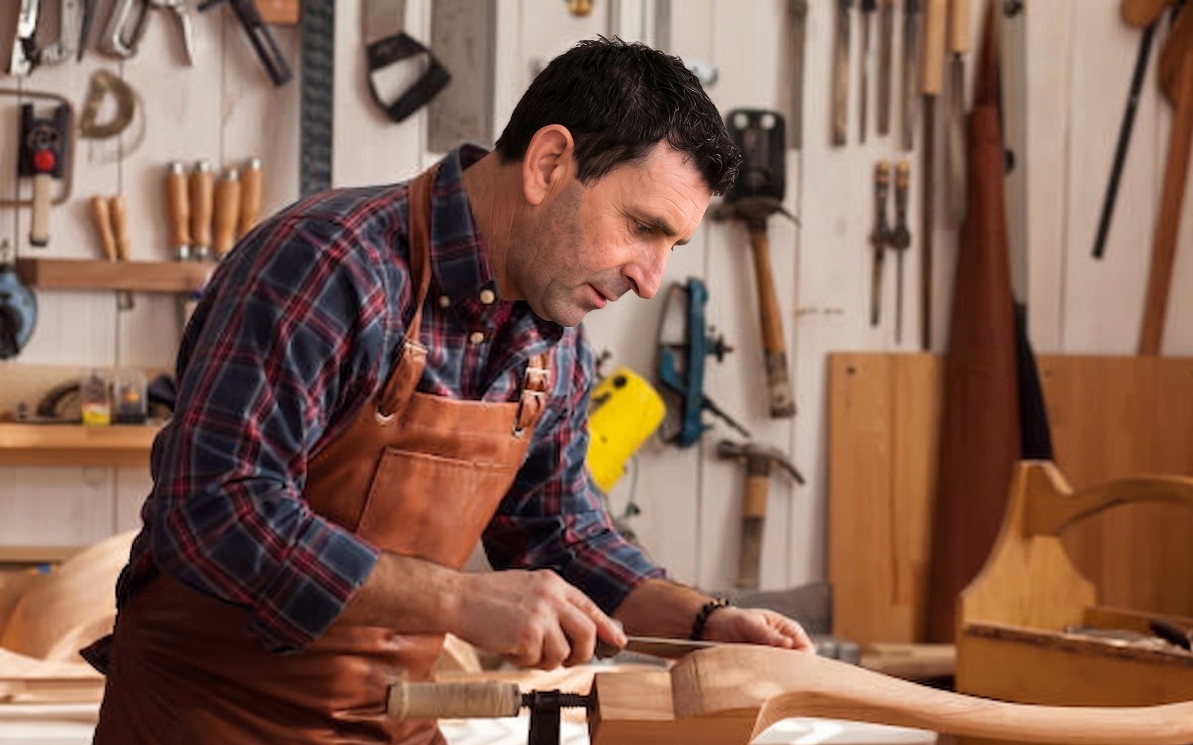 A craftsman planing a wooden cabinet door panel in a sunlit workshop
