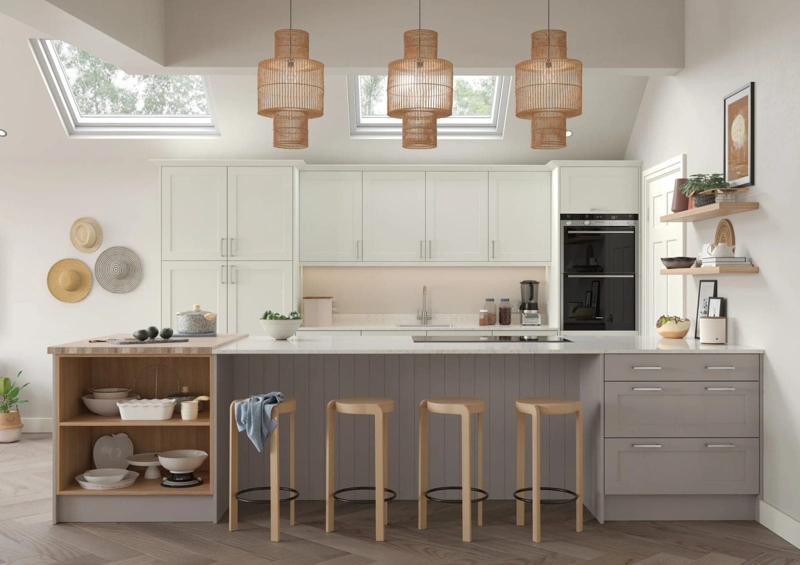 Cream shaker kitchen with grey island and oak open shelving